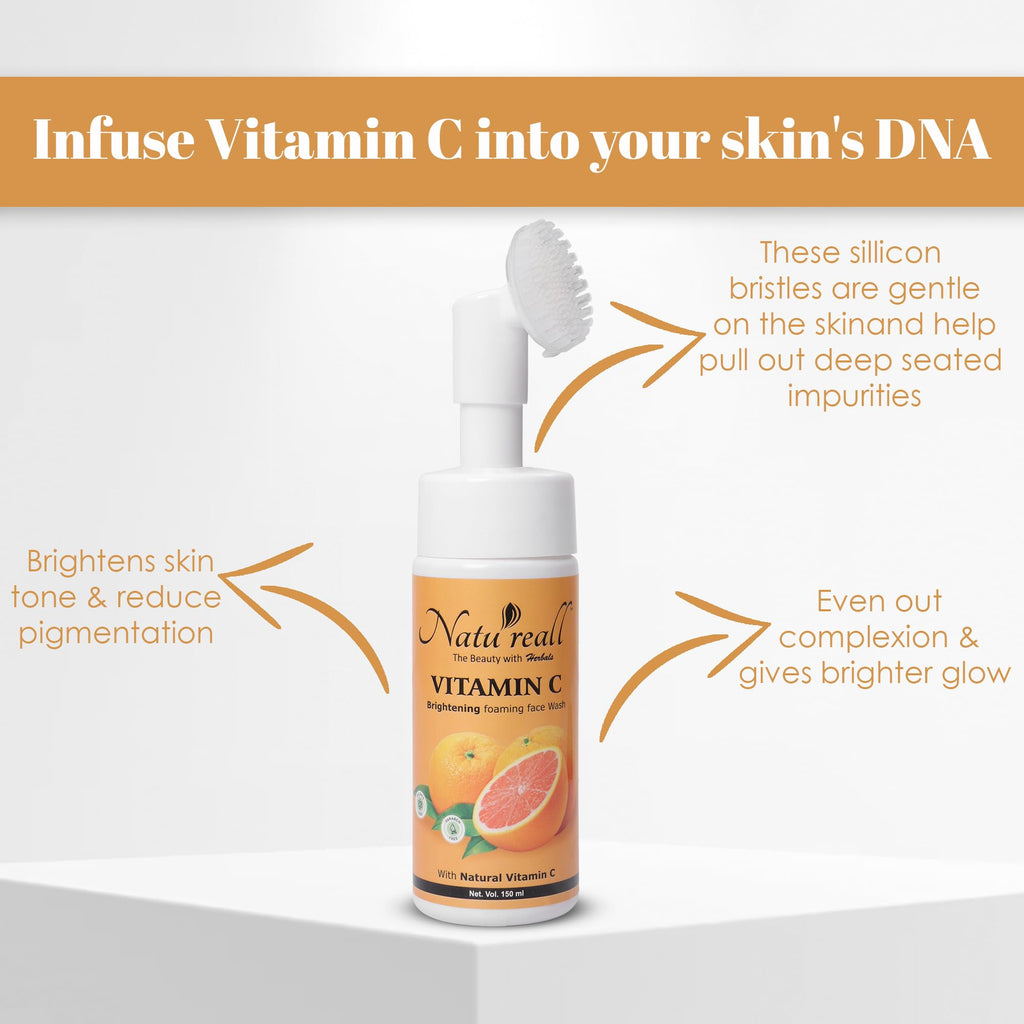 Natureall Skin Brightening Vitamin C & Niacinamide Foaming Face Wash | For Brighter Glow | Built-in Brush for Deep Cleansing | Brightens Skin Tone | Face Wash for Women & Men | 150 ML