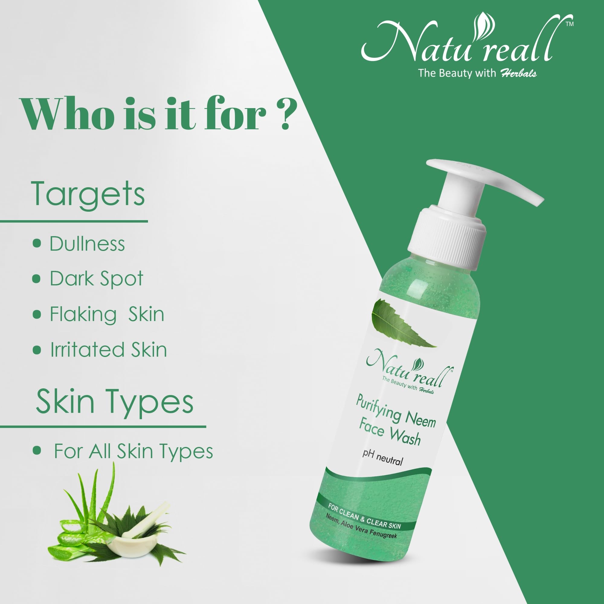 Natureall Neem Face Wash for Pimple Control Face Wash | Natural Extracts and Organically Pure | Prevents Acne | Natural Neem Extracts | Aloe Vera Extracts, Suitable for All Skin Types | 120mL