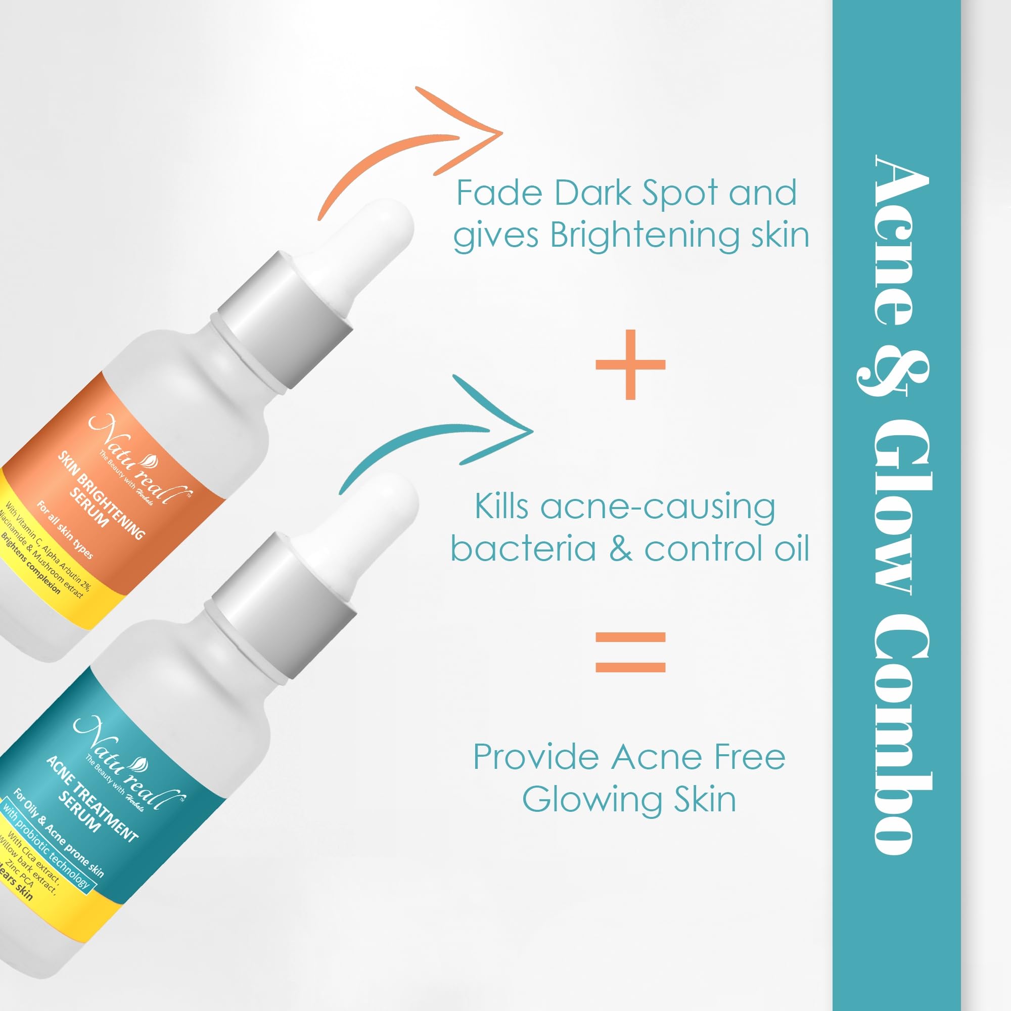 Natureall Acne Remove and Skin Brightening Serum For Reduces Oilness, Open Pores, Improve Textures & Reduce Pores | 30+30 ML (Acne+Brightening Combo)