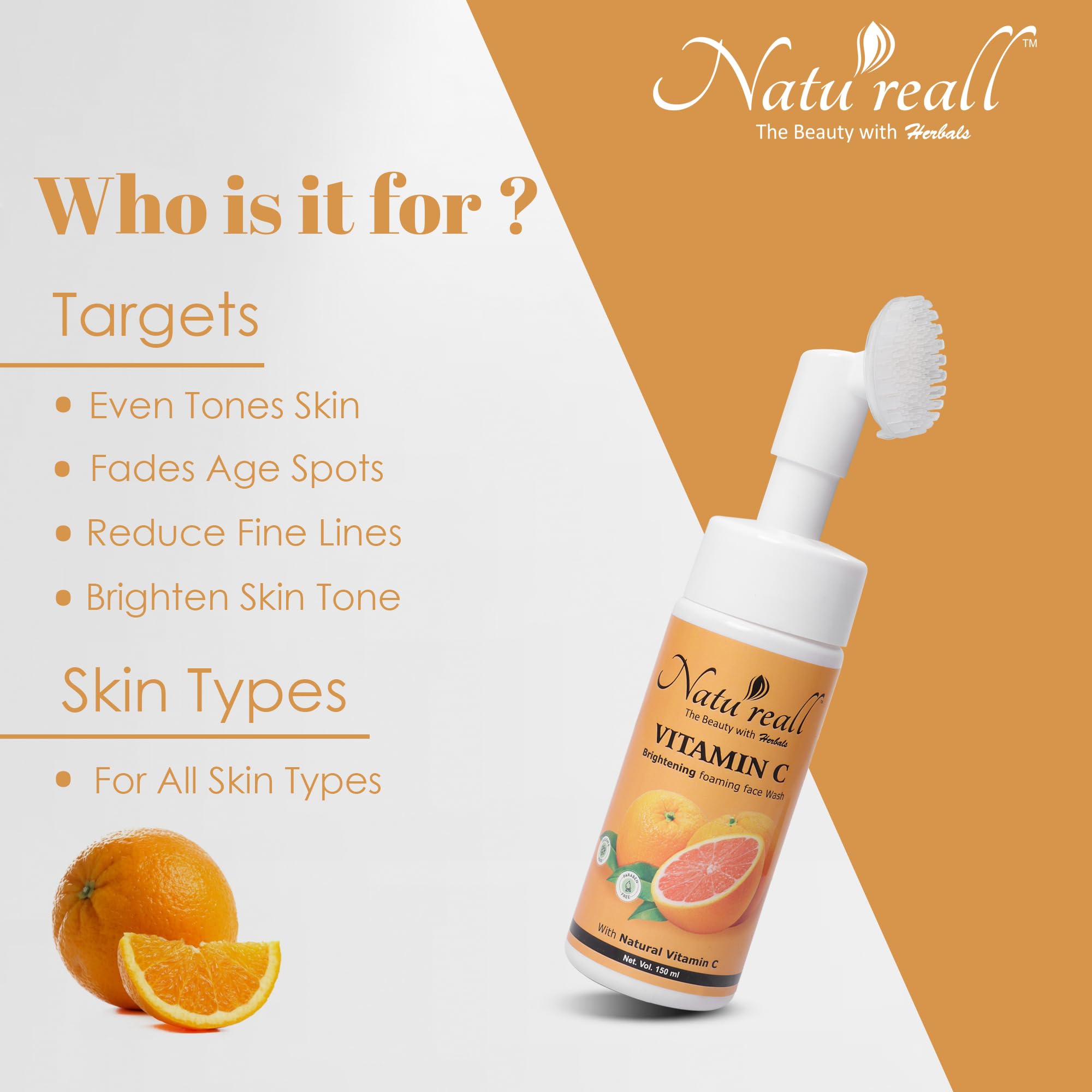 Natureall Skin Brightening Vitamin C & Niacinamide Foaming Face Wash | For Brighter Glow | Built-in Brush for Deep Cleansing | Brightens Skin Tone | Face Wash for Women & Men | 150 ML