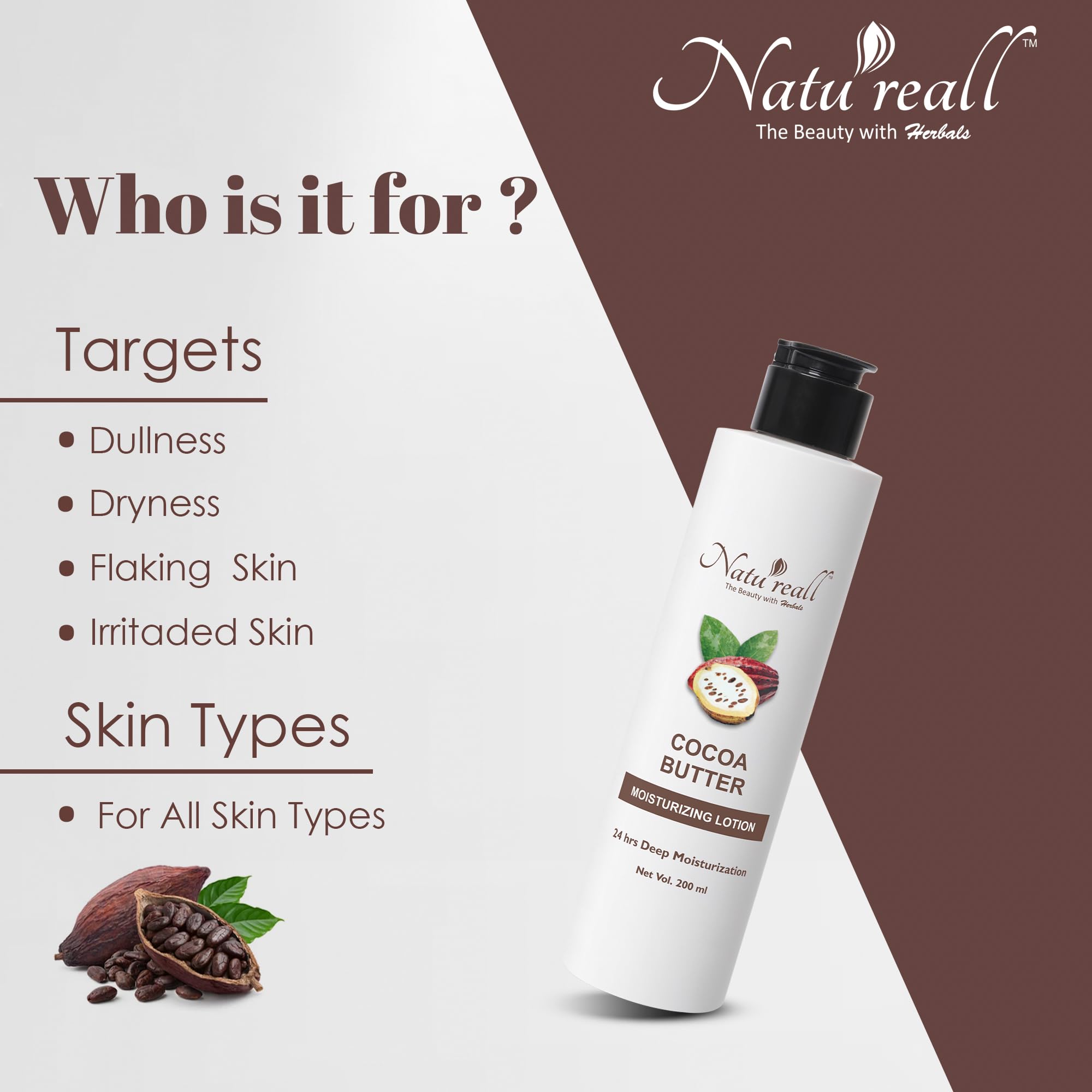 Natureall Cocoa Butter & Shea Butter for Soft and Silky Skin | Hydrate and Nourish | Improve Elasticity | Cocoa Butter Moisturizing Lotion. | 200 ML