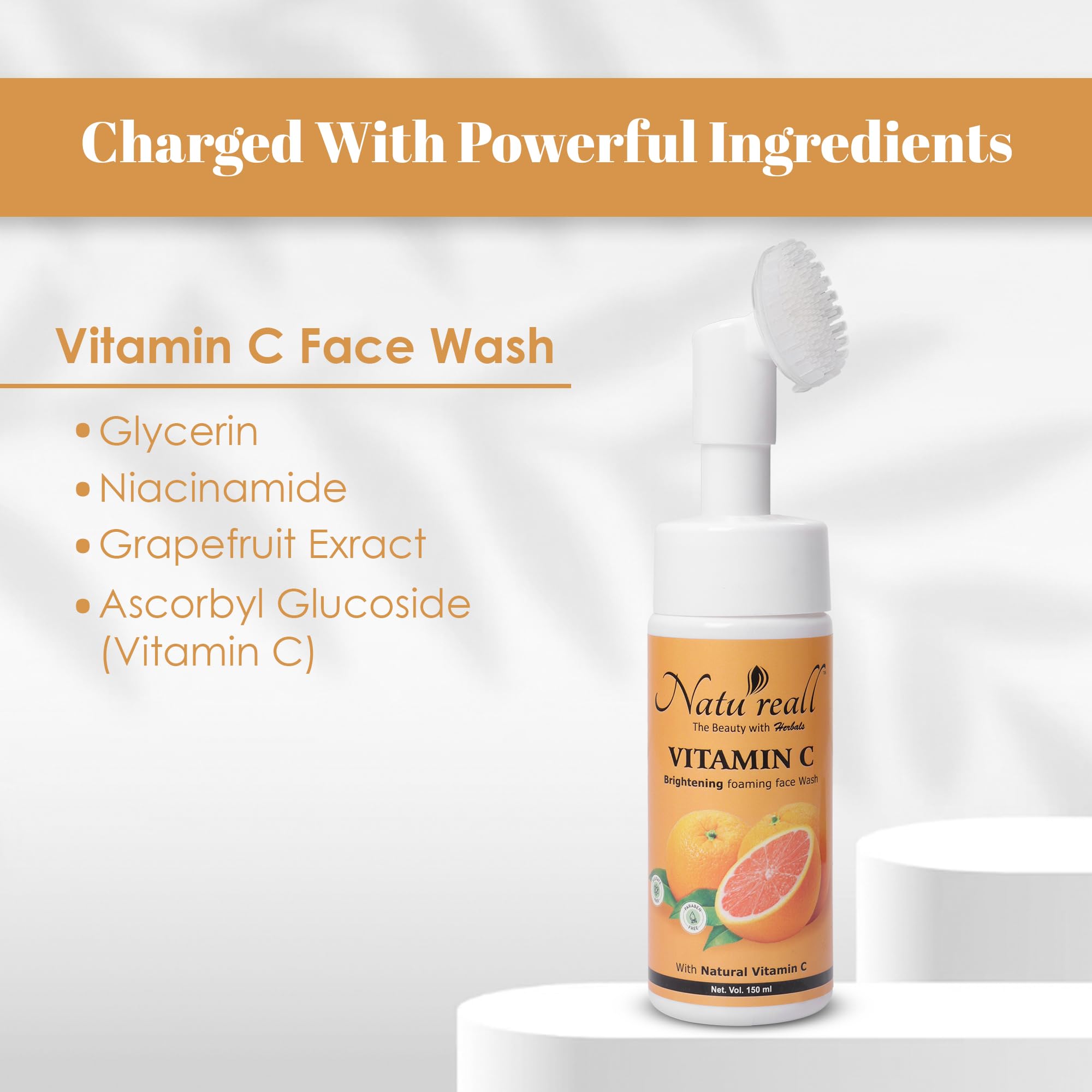 Natureall Skin Brightening Vitamin C & Niacinamide Foaming Face Wash | For Brighter Glow | Built-in Brush for Deep Cleansing | Brightens Skin Tone | Face Wash for Women & Men | 150 ML