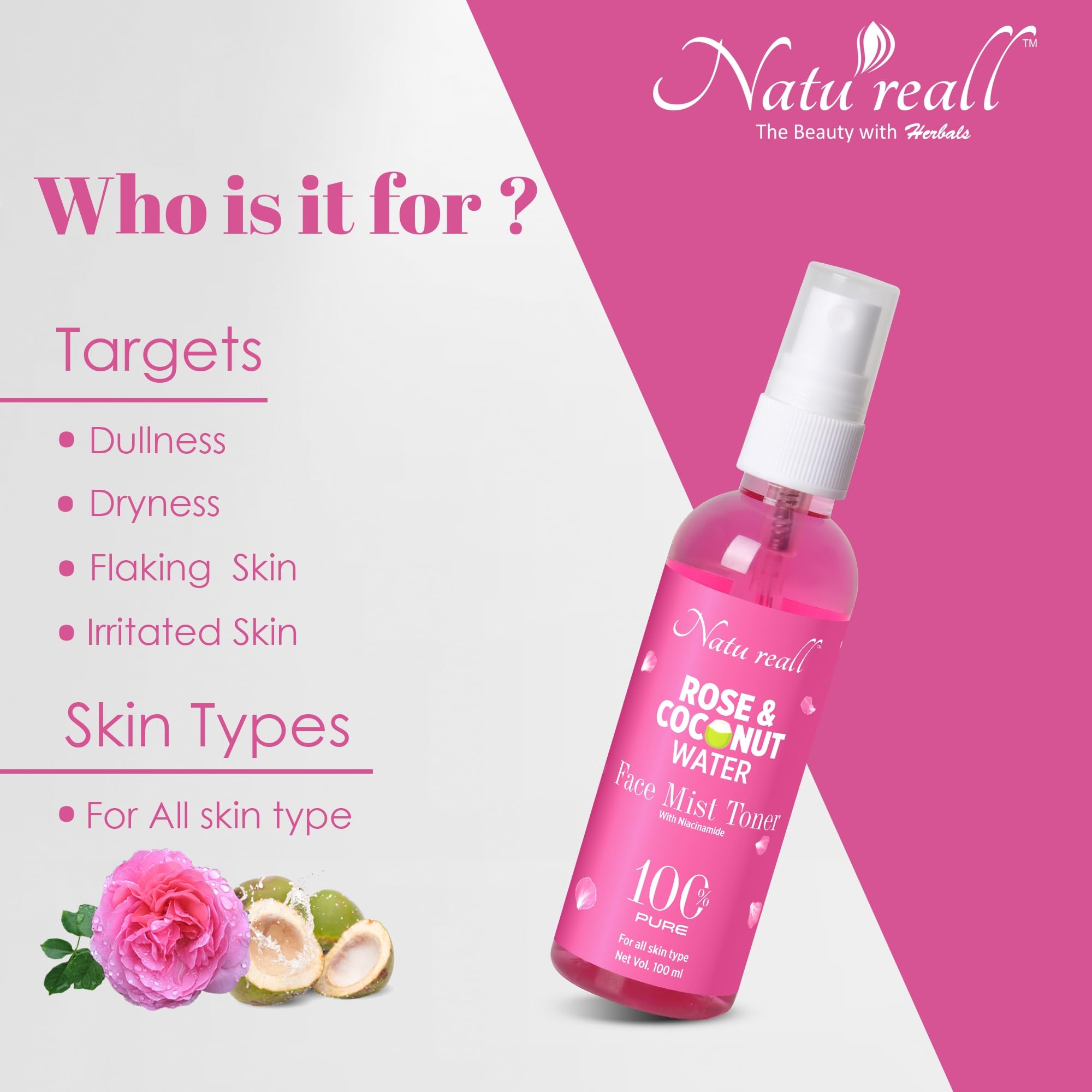 Natureall Rose and Coconut Water For Soften Fine Lines, wrinkles and Protects Skin from Free Radical Damage | 100 ML